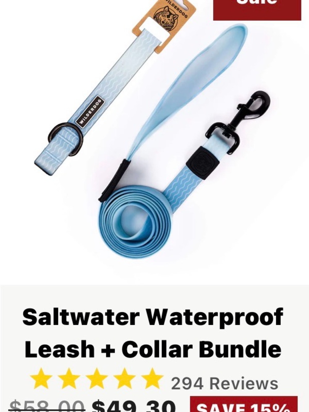 2 Wilderdog Saltwater Waterproof Blue Dog Leash & Collar Bundle